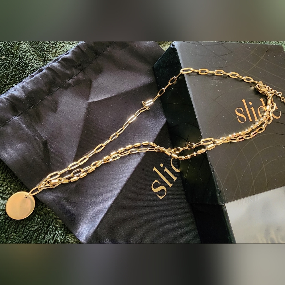 Slide Jewelry Stainless Steel Gold Necklace Multi Chain Design W Disc NIB